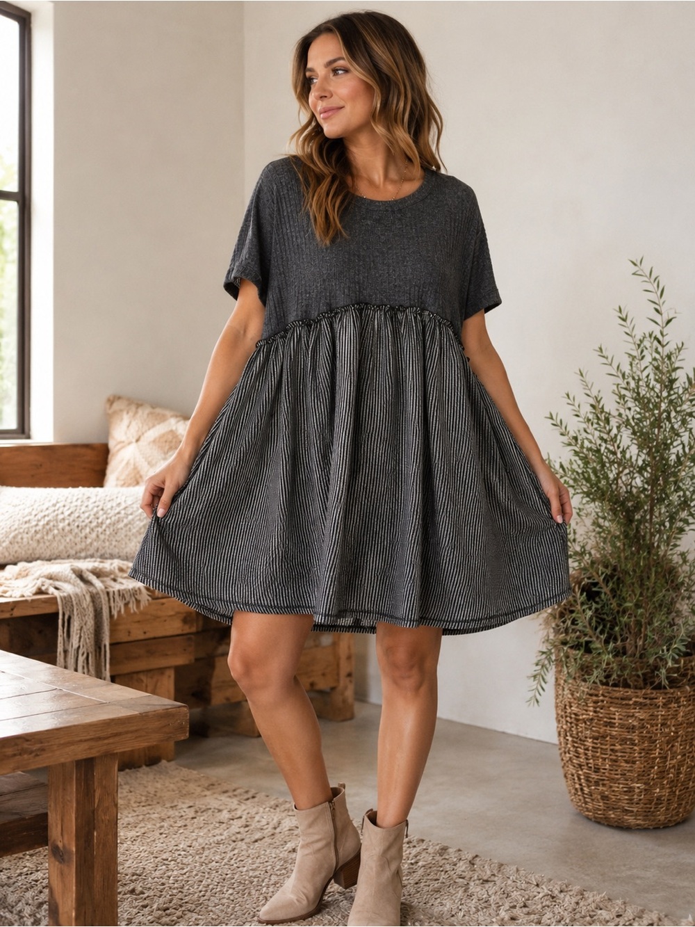 Three Bird Nest The Nest No Fuss Babydoll Dress Charcoal Ribbed Boho Oversized